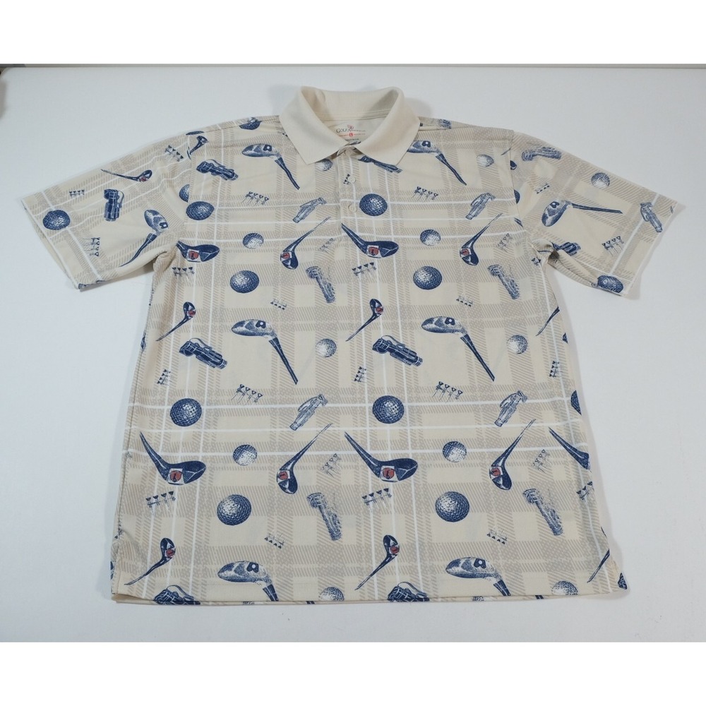 Golf America Polo Shirt Mens Large Cream Golf Club Print Short Sleeve Top